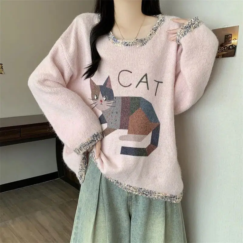 

Свитер, трикотаж, женский милый свитер с длинными рукавами и рисунком кота, новый осенне-зимний свободный вязаный топ больших размеров для женщин, скрытый