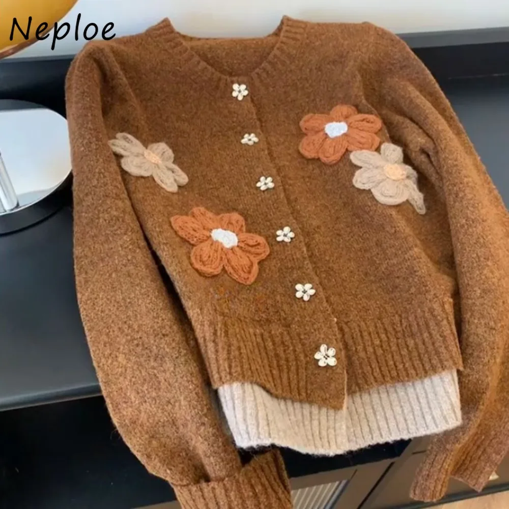 Neploe Loose Warm Jacquard Elegant Handmade Pull Femme O Neck Lazy Panelled Knit Cardigan All-match Exquisite Literary Sweaters