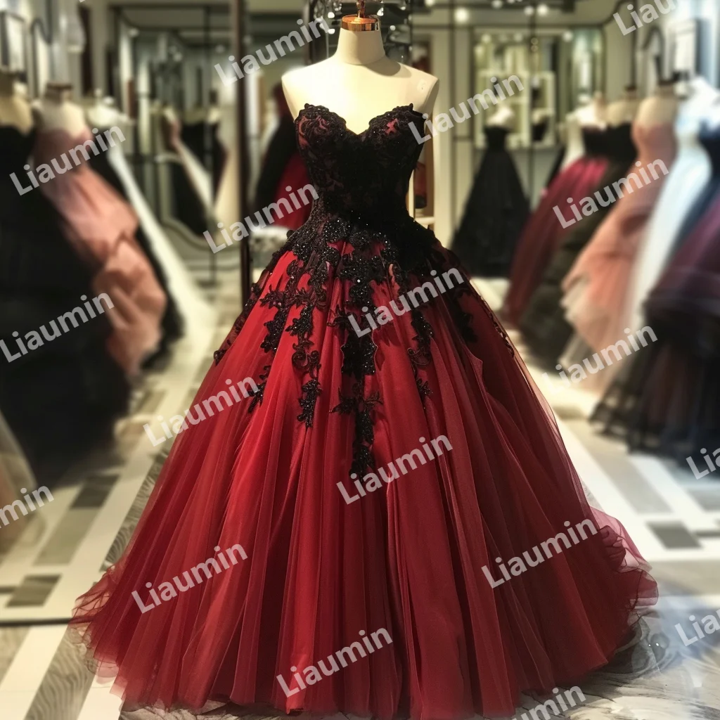 Modern Style Red Tulle Black Lace Applique Strapless Ball Gown Prom Formal Occasion Dresses Evening Party Lace Up Back A3-4.2