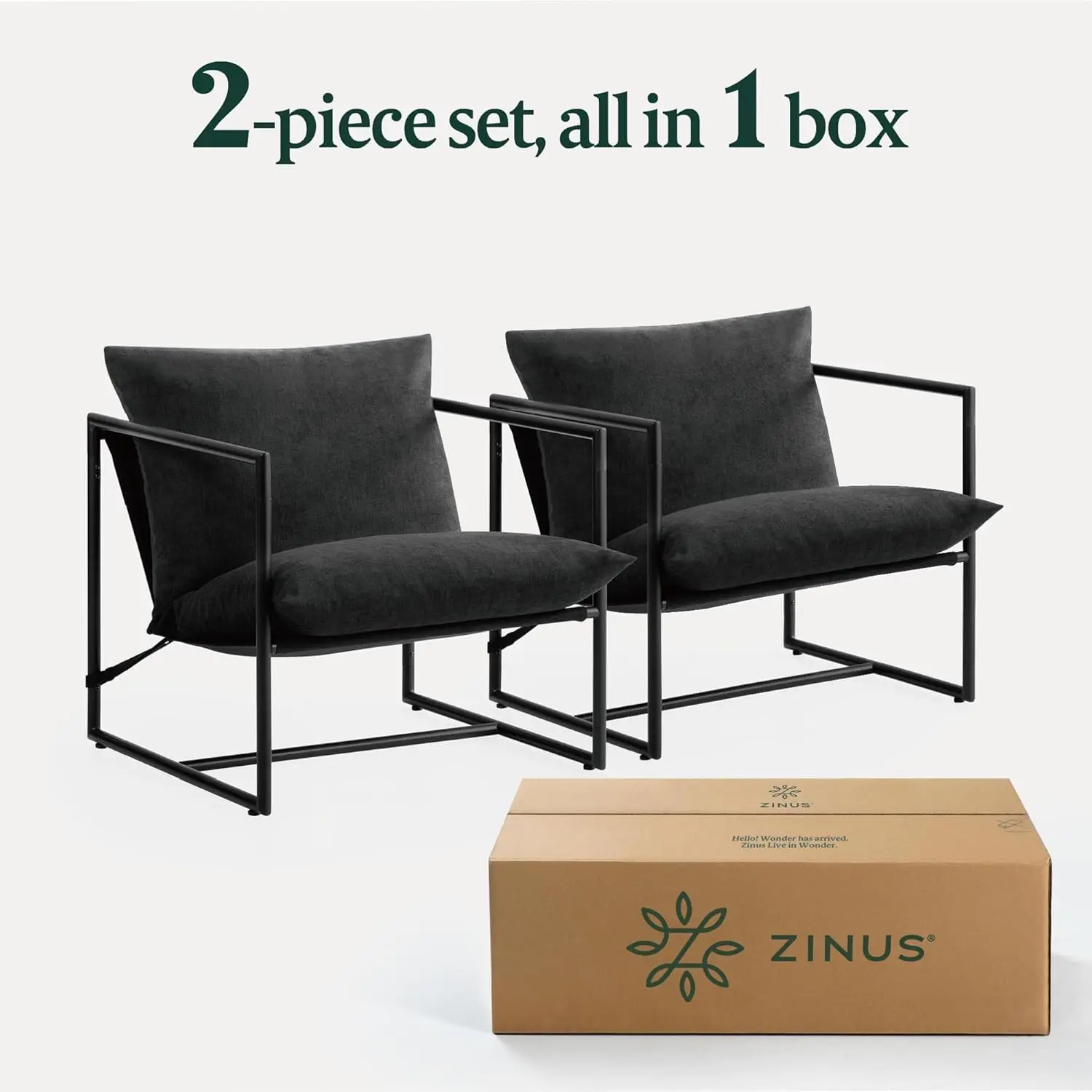 ZINUS Aidan Sling Accent Chair, Pack of 2, Metal Framed Armchair with Shredded Foam Cushioning, Black