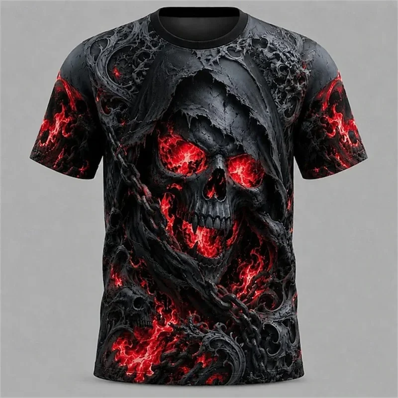Trendy Cool Men's 3D Skull Fire Print T-Shirt Vintage Gothic Grim Reaper Chain Graphic Short Sleeve Halloween Horror Tee Tops