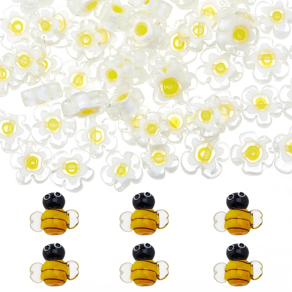 66Pcs Lampwork Glass Beads Including 6Pcs Daisy Flower Beads 60Pcs Bee Bead Glass Loose Spacer Bead for Jewelry Necklace