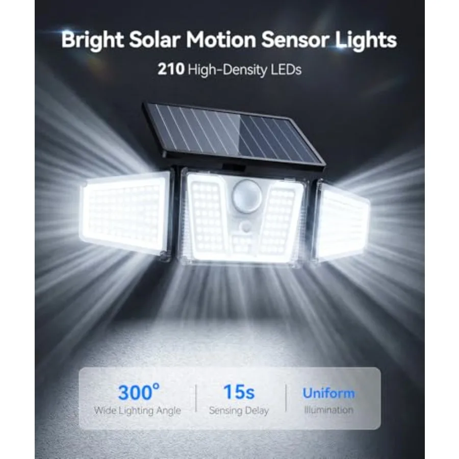 Solar Flood Lights, 210 LED Motion Sensor Outdoor Lights, Solar Motion Lights Outdoor Waterproof, 3 Heads 300° Wide Angle Outdo