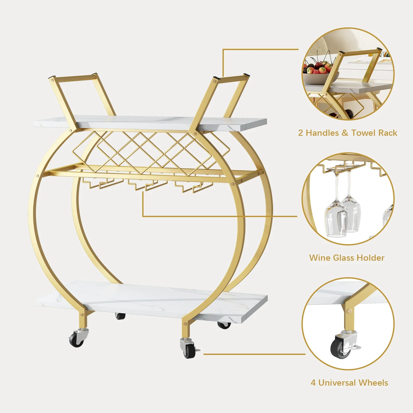 Customized Gold and White Bar Cart Mini Rolling Kitchen Storage Cart with Wine Rack and Glass Holders Wine Cart