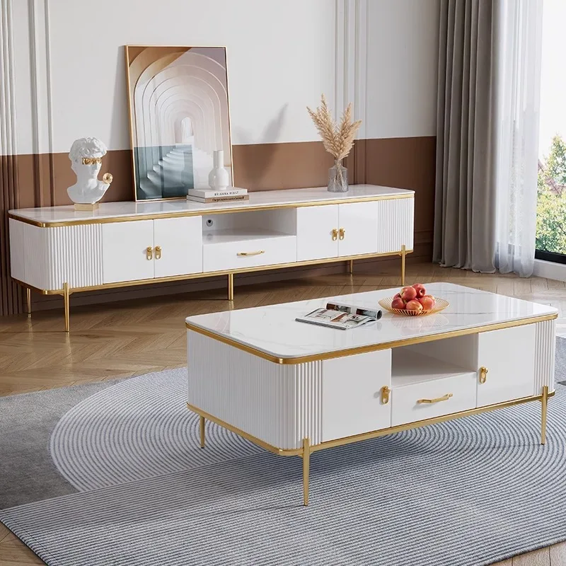 Modern Luxury Marble Wooden Floating TV Cabinet and Coffee Table Set, Living Room Multifunctional Furniture Decoration Design