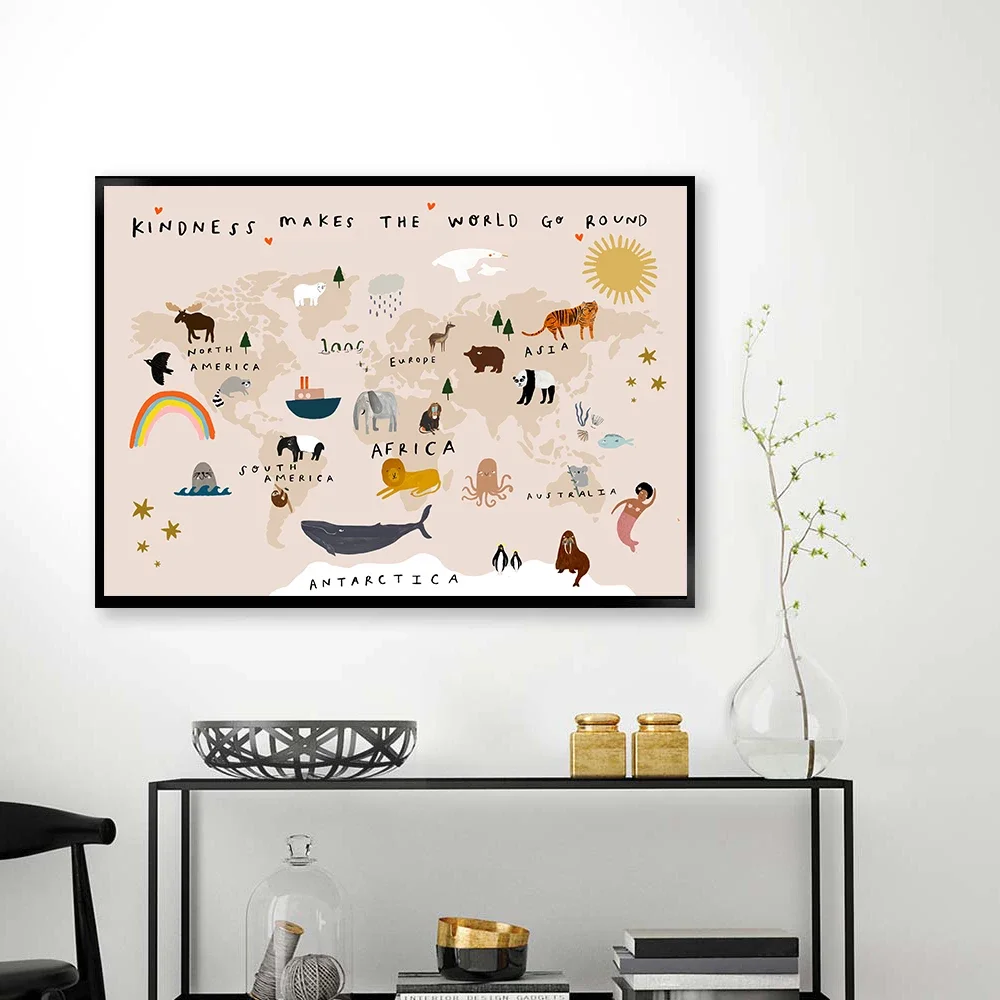 Cartoon Animals World Map Wall Poster for Kids Room Decoration Nursery Kindness Makes The World Go Round Quote Canvas Painting