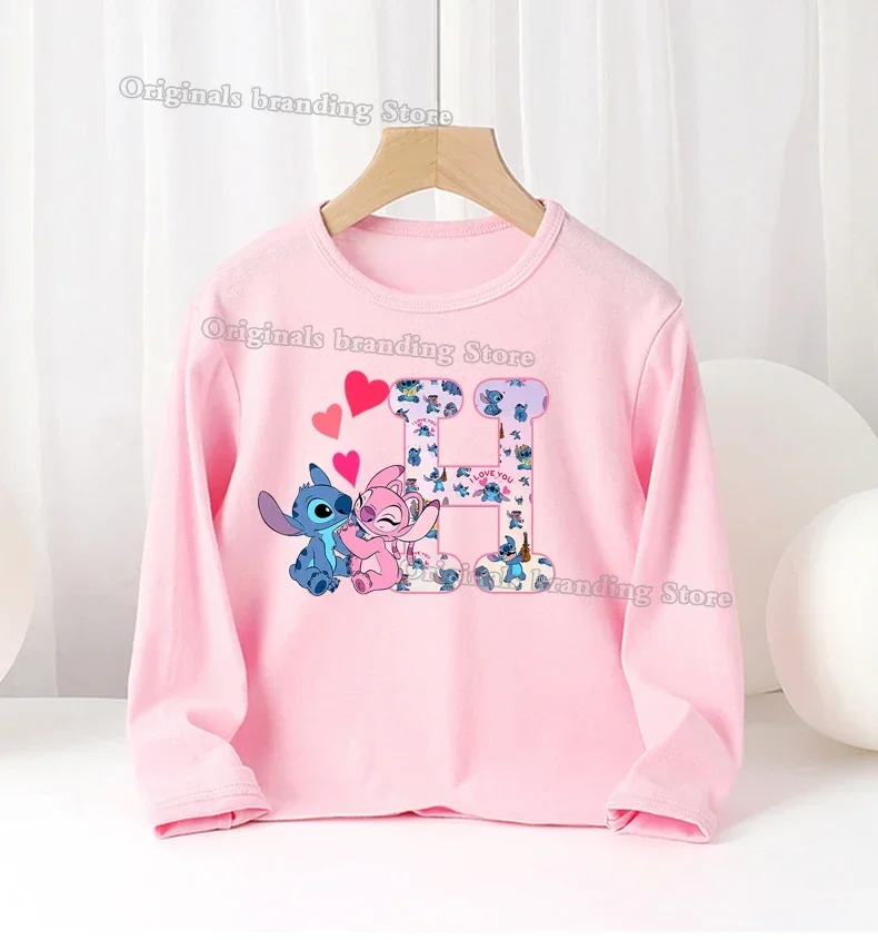 Lilo & Stitch Disney Lettera ABC Abbigliamento per bambini Ragazza Camicia lunga Abbigliamento Bambino Inverno Autunno Felpa sottile Abbigliamento