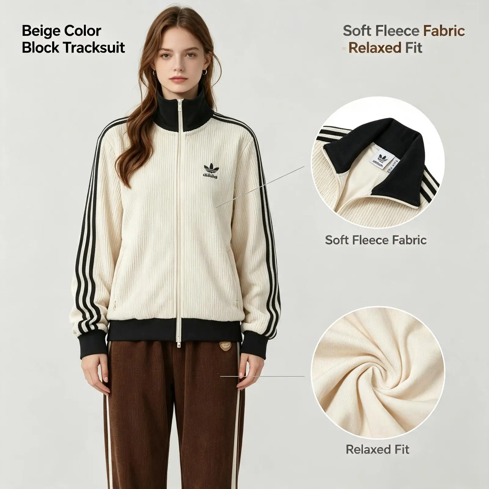 Adidas Beige Color Block Tracksuit Women 2-Piece Soft Fleece Casual Sport Set Hoodie Sweatpants Loungewear Jw0109