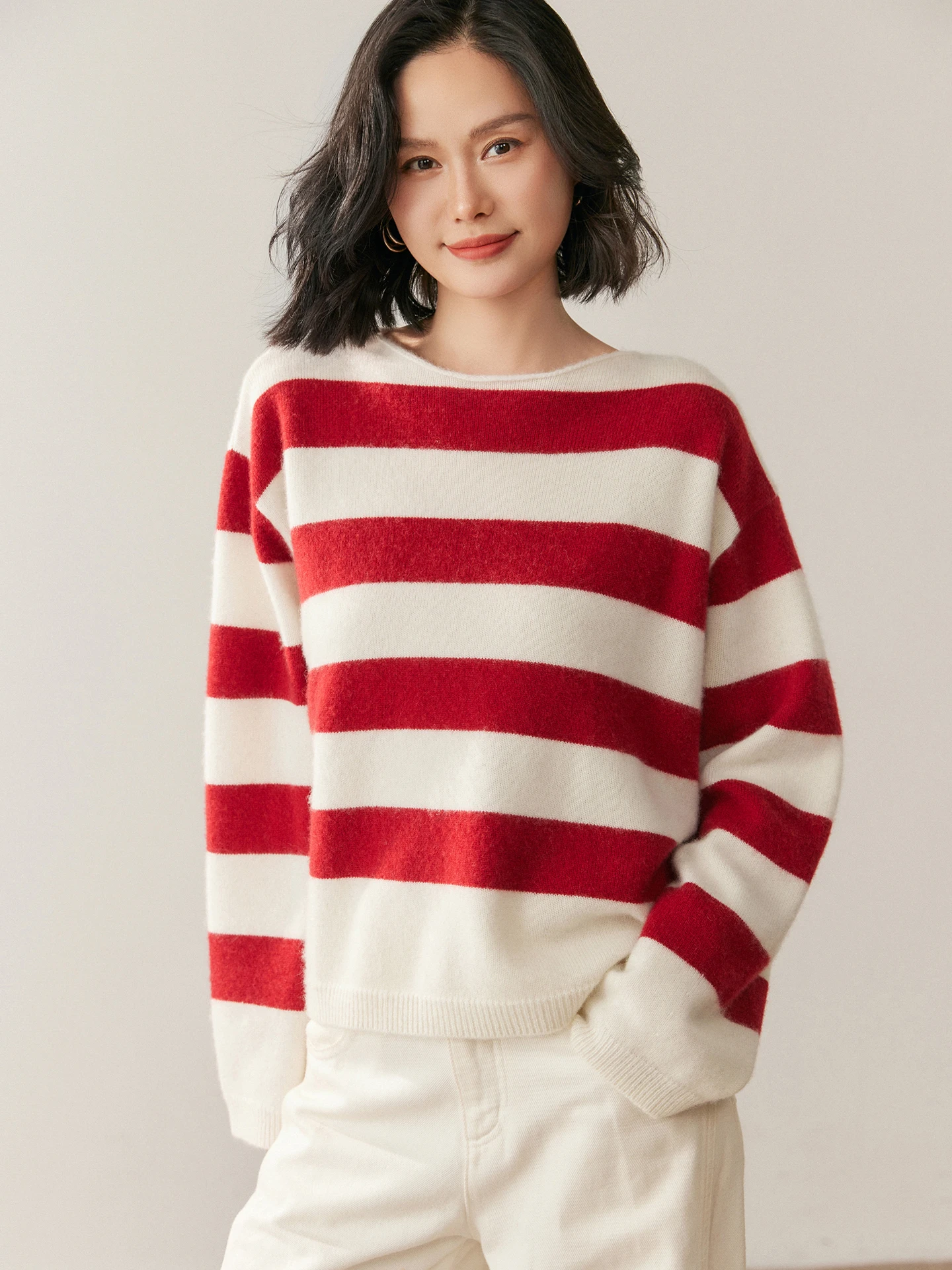 TLOML Damska odzież dzianinowa ze 100% kaszmiru, sweter z okrągłym dekoltem, luźny, w paski, na jesień i zimę, gruby, ciepły, luźny krój, wygodne topy