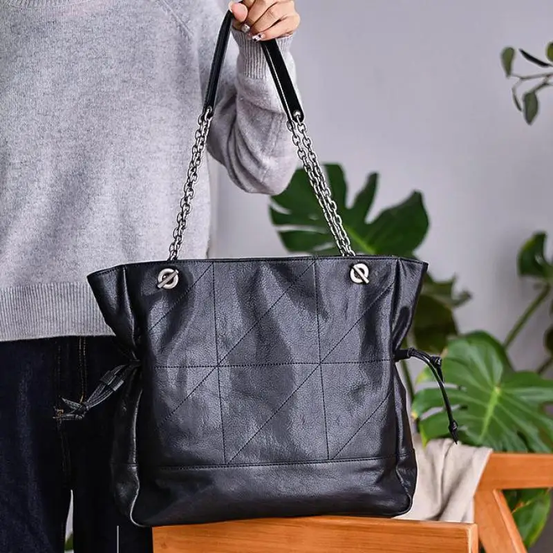 

casual high-quality genuine leather women's large capacity tote bag designer handmade cow leather shopping shoulder bag handbag