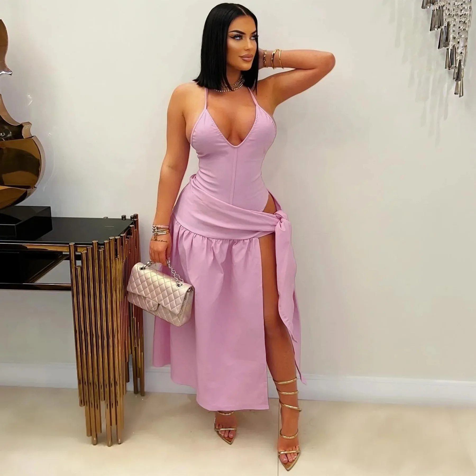 

V Neck Hollow Out Dress Long Evening Club Wear Dresses Women Summer Holiday Outfits Sexy Bodycon Bandage Tie Knot Pleated Dress