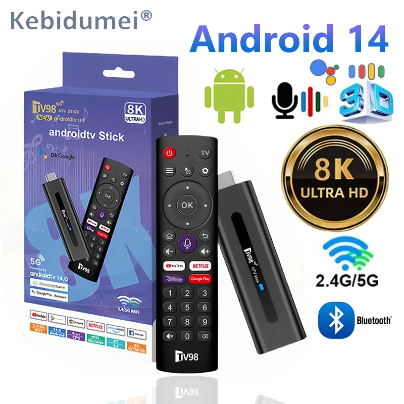 Android 14 TV98 ATV Smart TV Stick 8K 2.4G 5G Dual WiFi BT 5.0 Set Top Box HDR10 Voice remote TV Box Allwinner H313 Media Player