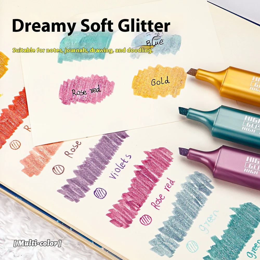 8 قطعة فسفورية معدنية ومعكرون اللون تمييز الفن علامات المائل رسم قلم مضيء للاجتماعات تدوين الملاحظات