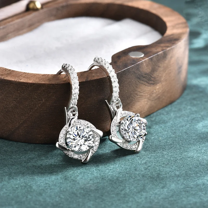 2CTW Moissanite Windmill Huggie Drop Earrings 925 Sterling Silver D Color Sparkling Lab Diamond for Women Classic Fine Jewelry