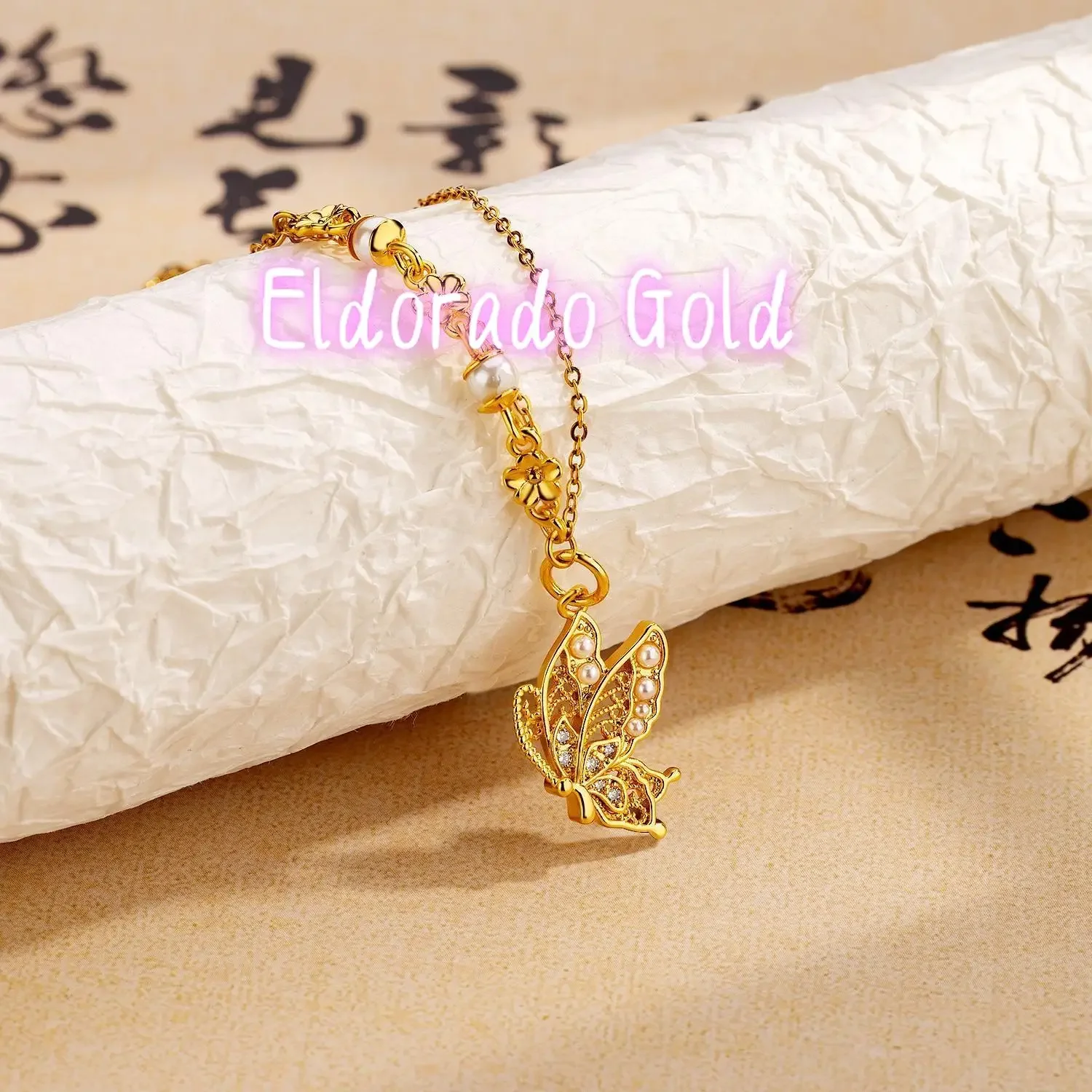 

Eldorado Gold Eldorado Gold Simple fashion 24K real gold Butterfly Pearl pendant necklace Feminine 999 pure gold light luxury l