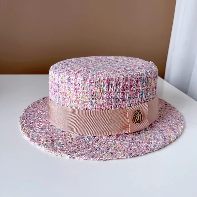 Europe and America xiao xiang style pearl flat top color jacquard hat pink tweed top hat women\'s autumn and winter fashion hats