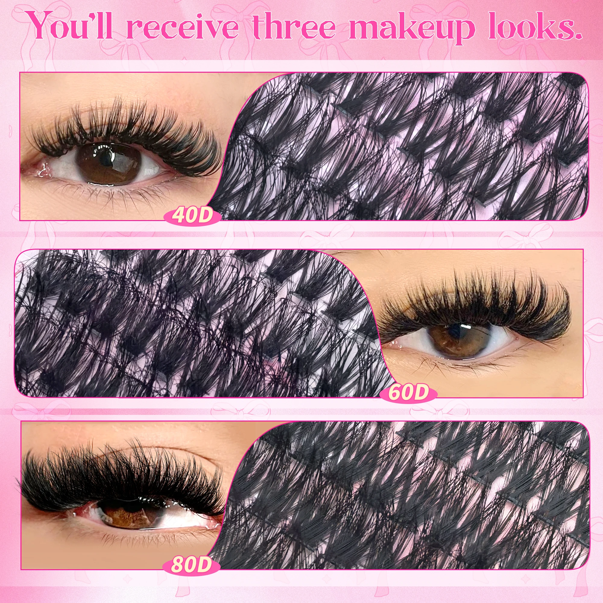 300PCS/40D60D80D Gemengde stijlen 9-16 Gemengde lengtes D opgeklopt vakantie wimpers set, geschikt voor podium, feest, festival enzovoort.