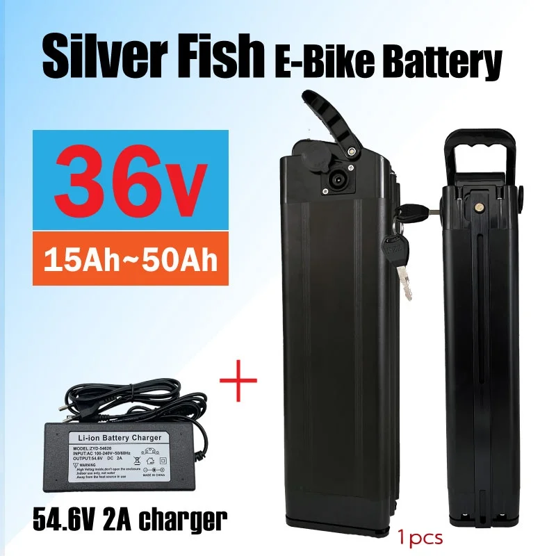 

New 36V 15Ah 20Ah 30Ah 40Ah 50Ah Silver Fish Universal Battery Pack, suitable for electric bicycles, with charger included