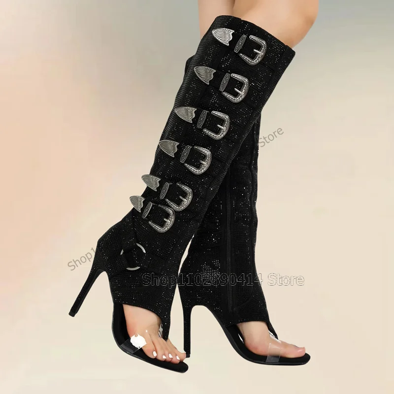 Black Rhinestone Buckle Decor PVC Flip Flop Sandals Boots Side Zipper Women Shoes Thin High Heels Sexy 2023 Zapatos Para Mujere