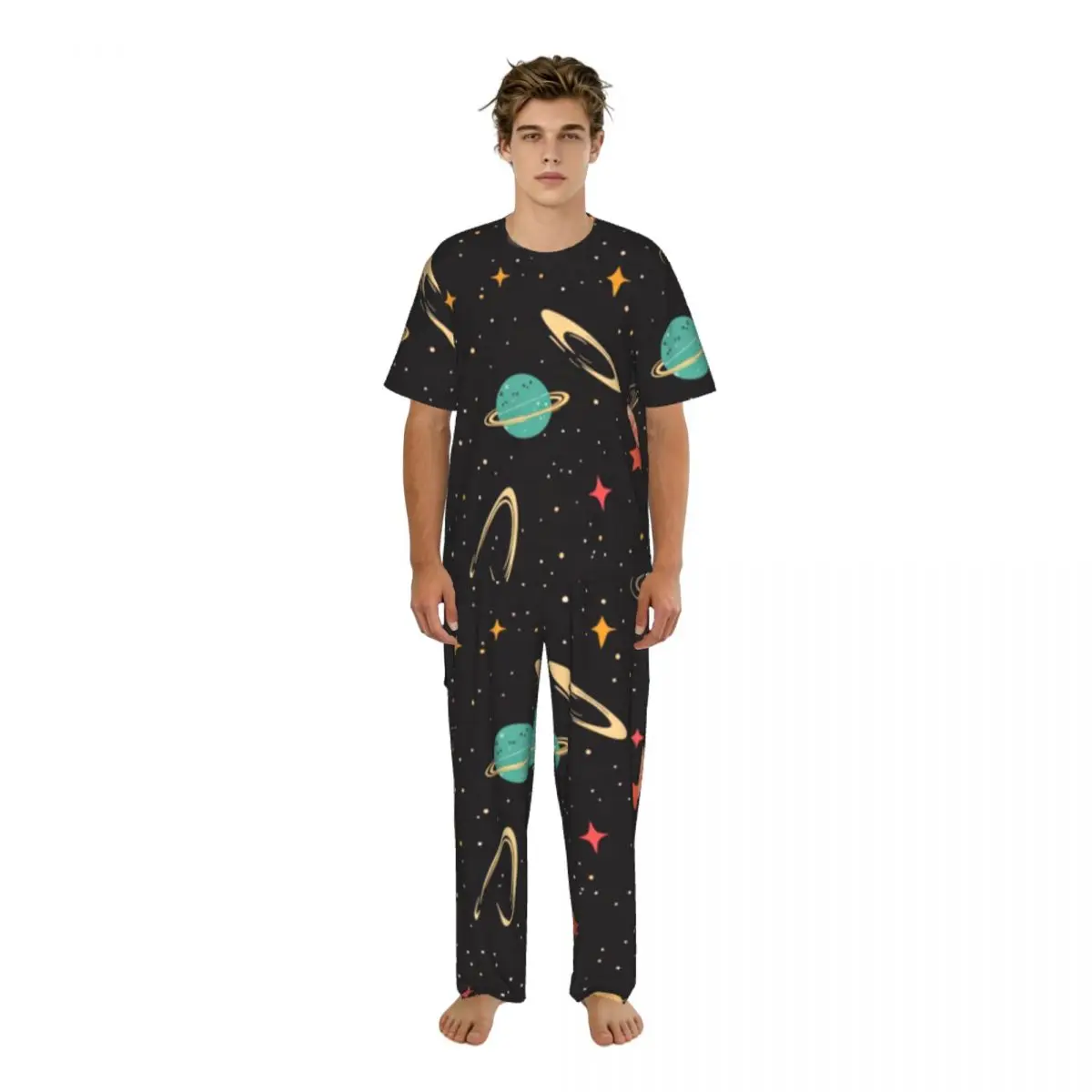 Sleepwear Summer Spring Home Clothes Colorful Planets And Stars Background Short Sleeve Long Pant Nightwear