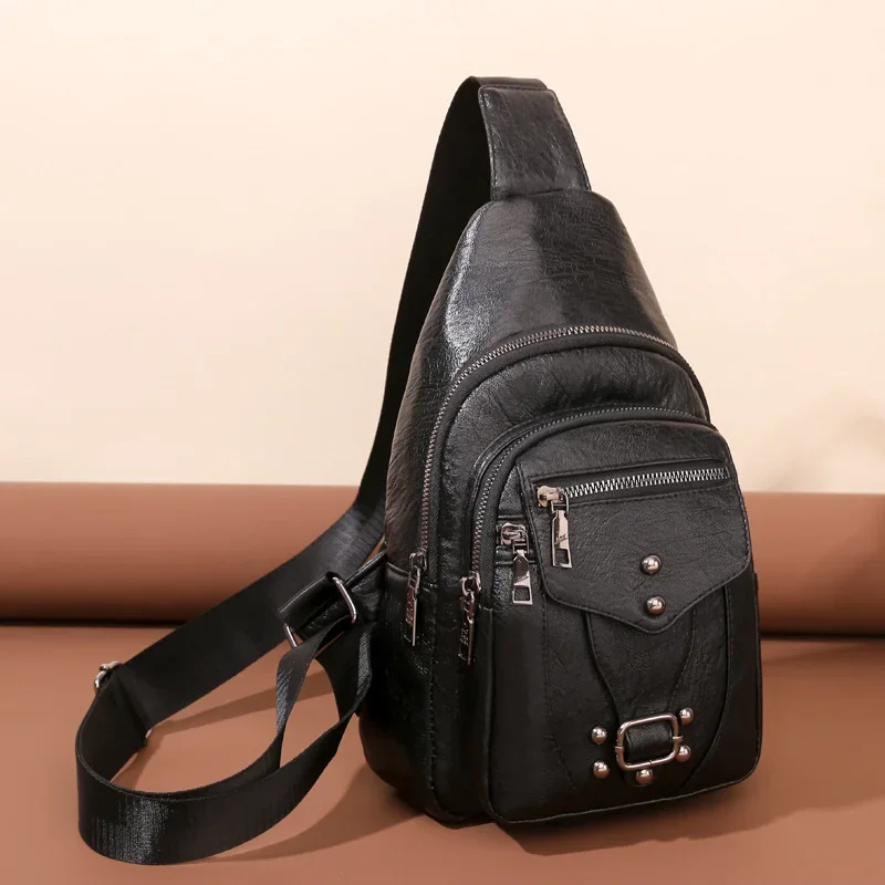 Vintage Solid Colour Soft PU Leather Chest Bags For Women Anti-theft Small Backpack Female Trendy Rivet Sling Bag 2024 Trended