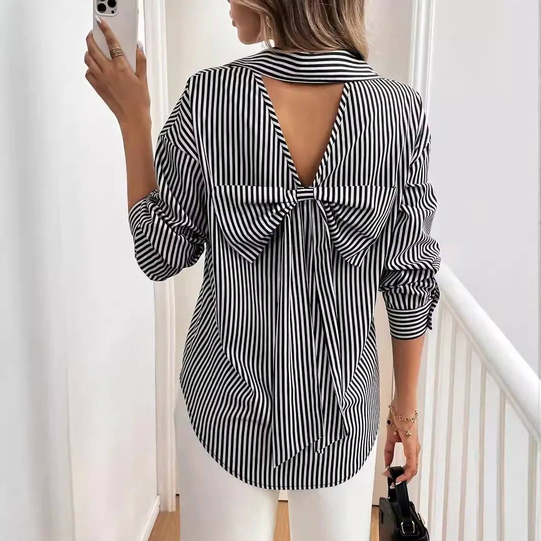 

2025 Women's T-Shirt Clothes Woman Autumn Winter New Elegant Women's Striped Printed Back Bow Front Button Long Sleeve Shirt