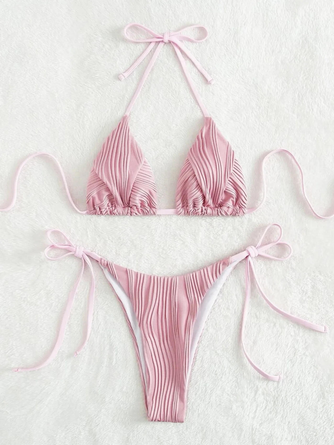 여성용 골지 타이 사이드 비키니 수영복은 솔리드 로우 웨이스트 투피스 홀터 레이스 업 수영복 비치웨어 입욕