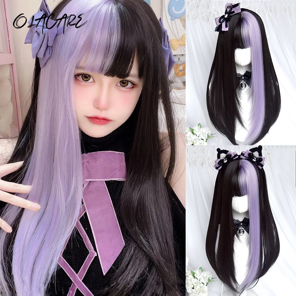 OLACARE Synthetic Long black Purple Wigs With Bangs Cosplay Straight Wigs With Highlight Natural Fake Hair For Women