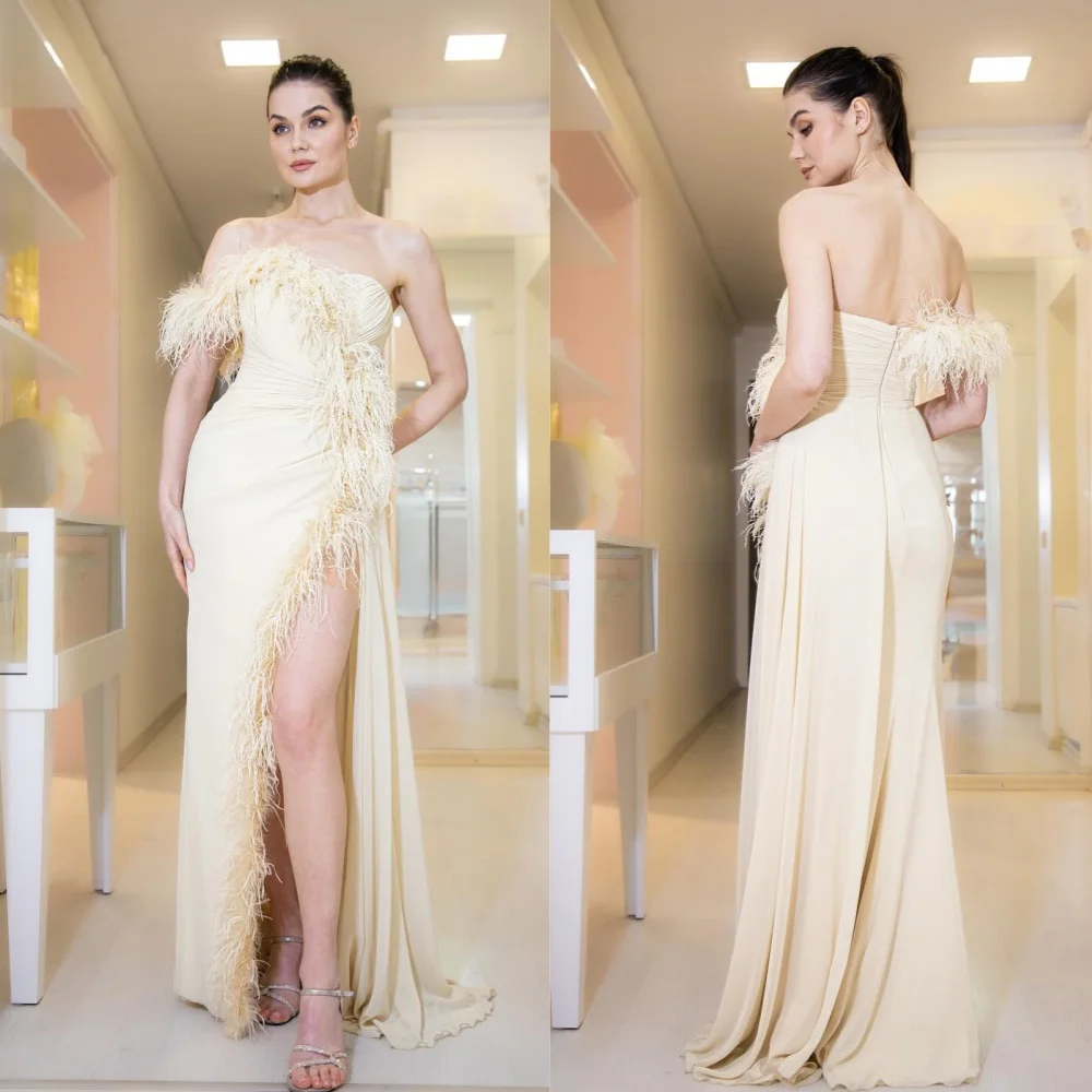 

Jiayigong Sexy Casual Chiffon Feather Draped Pleat Wedding Party A-line Off-the-shoulder Bespoke Occasion Gown