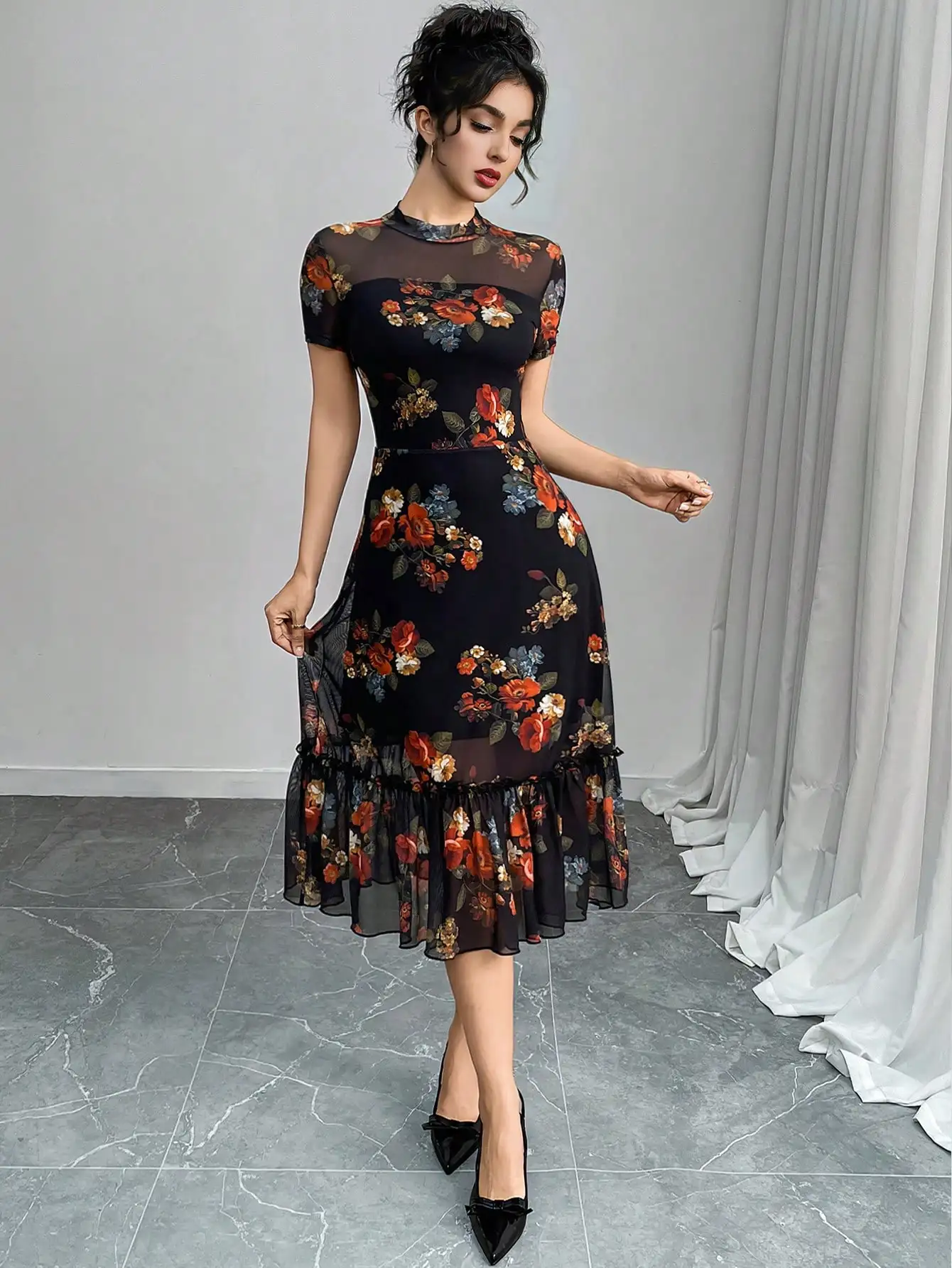 

Black Floral Print Mesh Overlay Midi Dress with Ruffled Hem and Cinched Waist