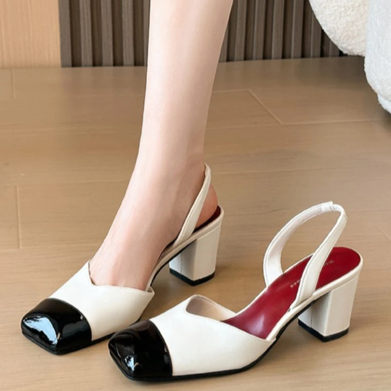 Unique Patchwork Design Chunky Heel Women's Pumps Mixed Colors Square-Toe Slingback Heels for Ladies Elegant Party Dress Sandals