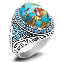 New S925 Sterling Silver Türkiye Handmade Ring for Men and Women Natural Oyster Turquoise Luxury Retro Punk Wedding Jewelry Gift