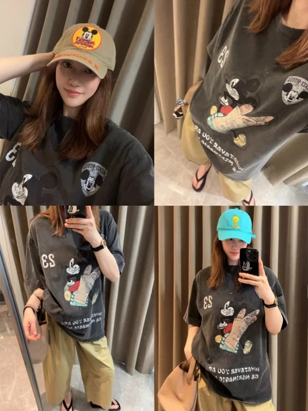 

plus Size 300 Pou Women's T-irt Summer New Sle Cartoon Print Waed Loose ort Sve Korean Version Cotton Top