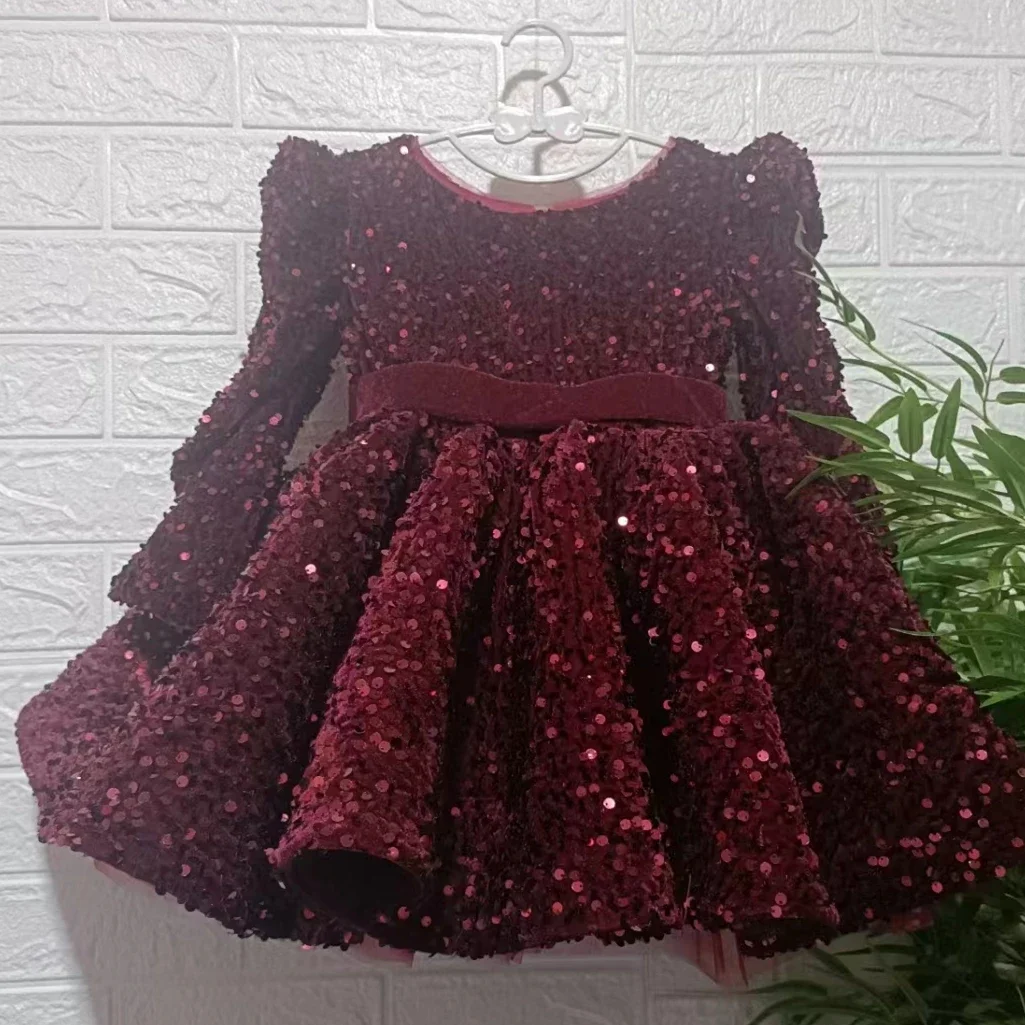 Delicate Burgundy Flower Girl Dress Long Sleeves Round Neck Sequin Clip Tulle Princess Party Birthday First Communion Dresses