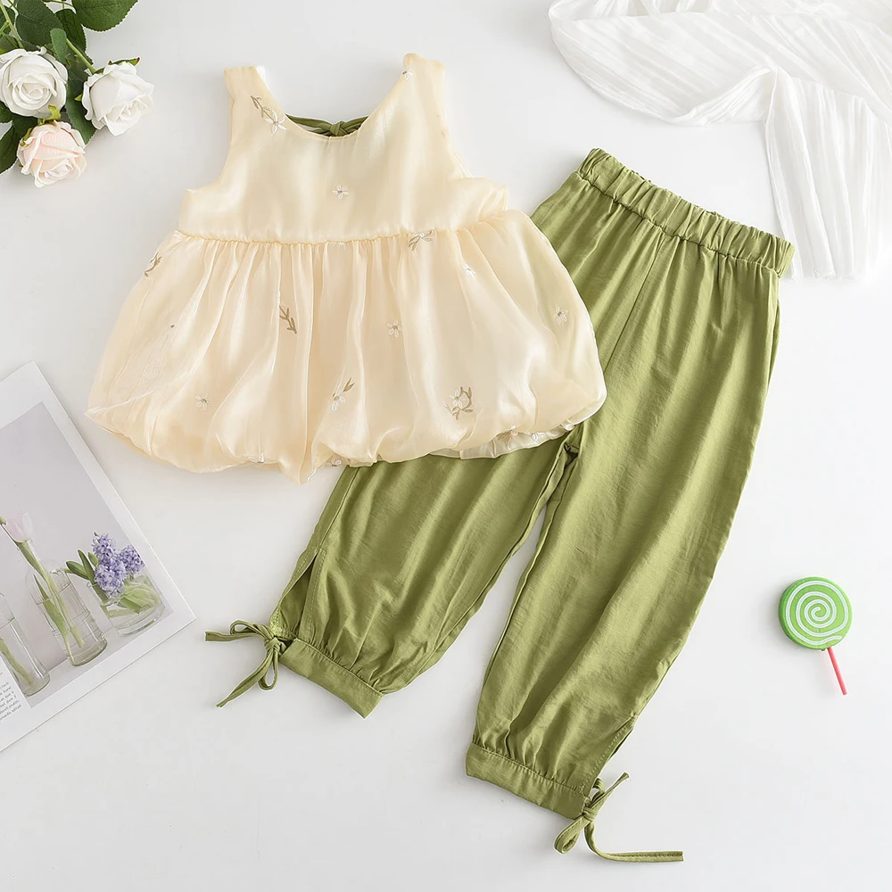 Toddler Girls Clothing Set New Summer Hollow Suspenders Vest Green Tops +Pants Outfits Kids Girls Clothes Children Casual Suits