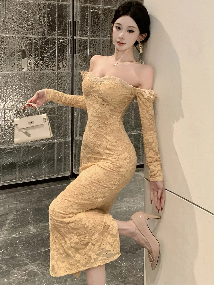 2025 New Lace Jacquard Floral Sqaure Collar Sexy Long Dress Autumn Winter Korean Bodycon Dress Women Elegant Luxury Party Dress