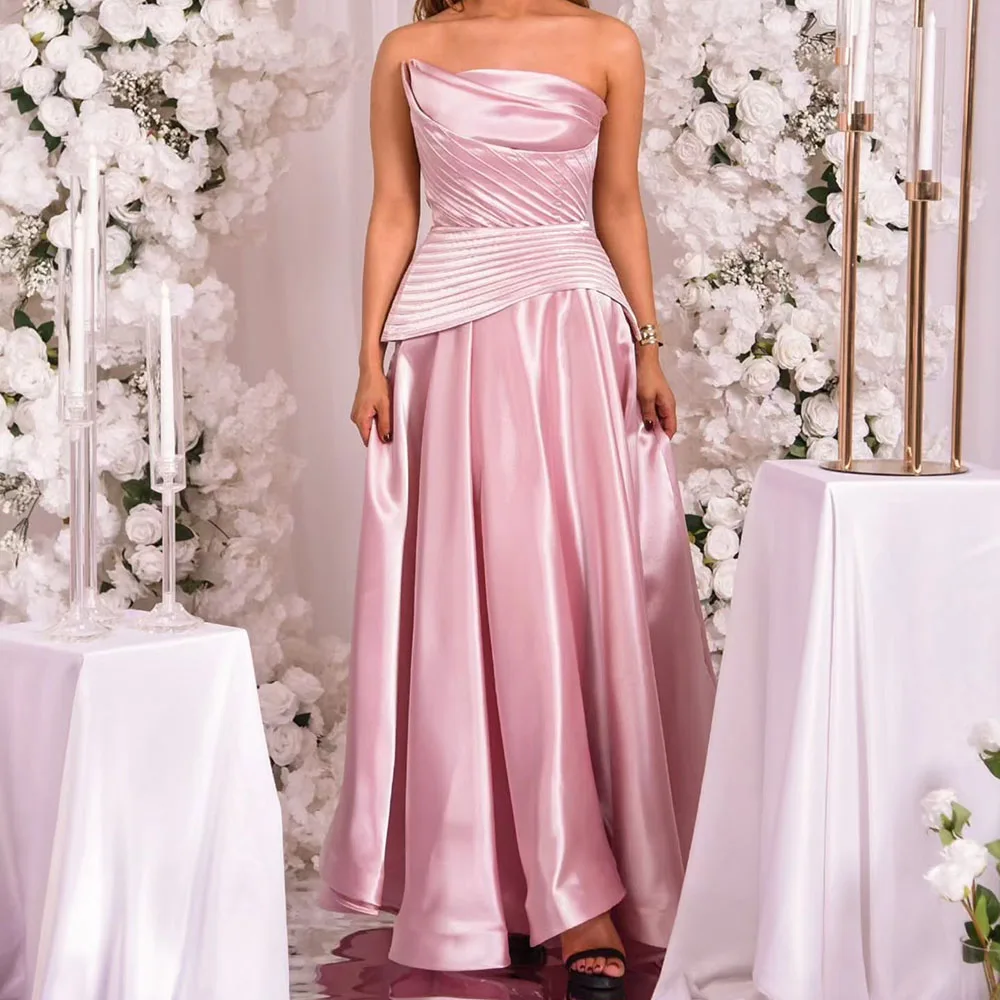 

Customized A-line Evening Dresses Ankle-length Strapless Sleeveless Prom Gown Fashion Pleat Simple Draped Backless Party Gown