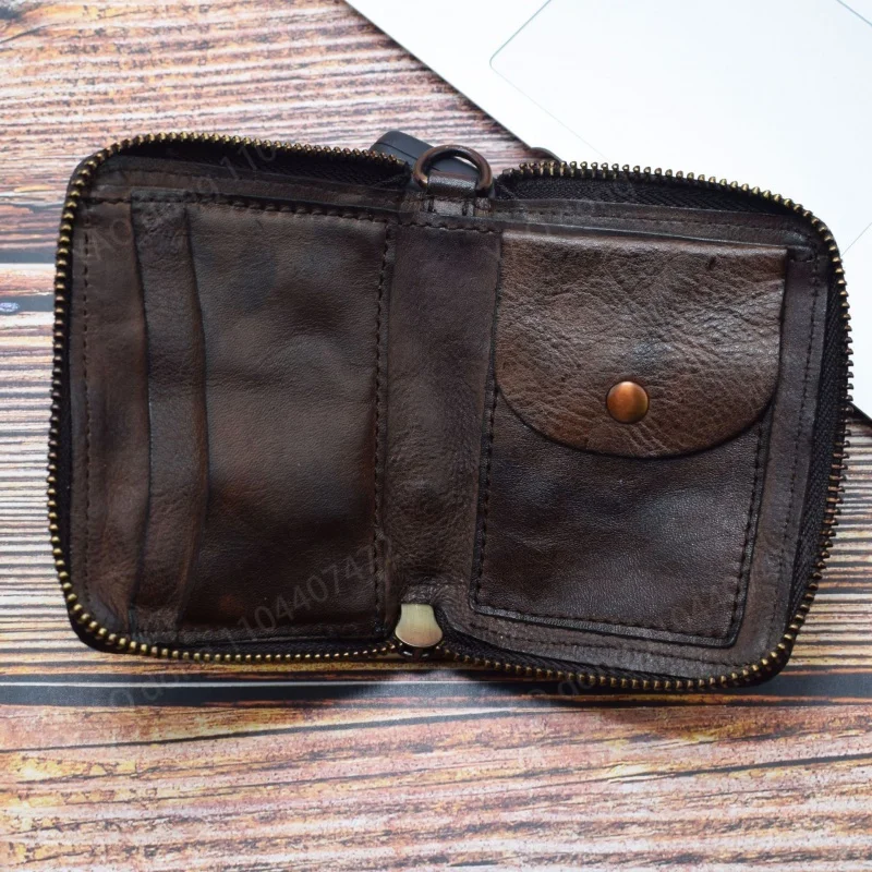 Yao Dong-cartera Vintage de cuero genuino con cremallera para hombre, monedero corto, tarjeteros multifunción, billetera de dinero de lujo para hombre