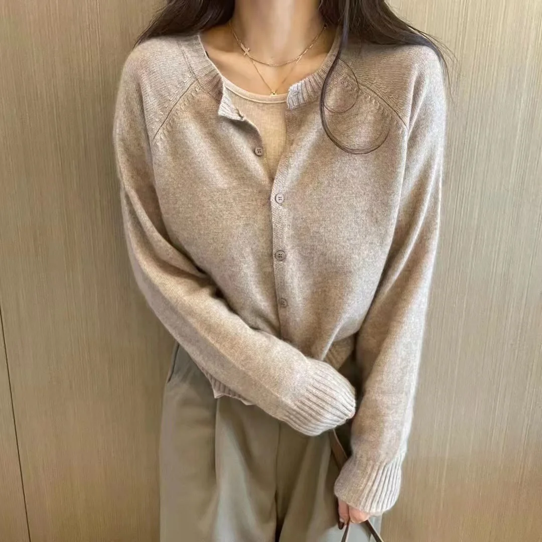 Women's Casual Solid Round Neck Long Sleeve Loose Cardigan Sweater, Autumn and Winter