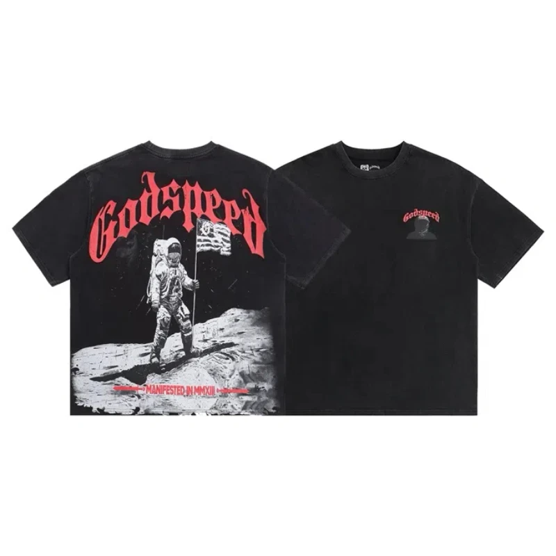 

High Street GOD SPEED Men Women Casual Fashion Tops Tees T Shorts Hip-hop Astronaut Print T-shirt