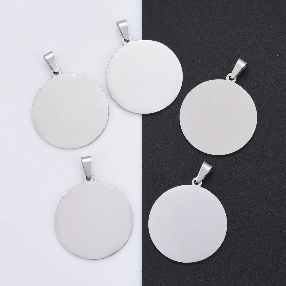 Resistant 304 Stainless Steel Pendants Matte Finish Stamping Blank Tag Flat Round Stainless Steel Color 33x30x1mm Hole: 7x3mm