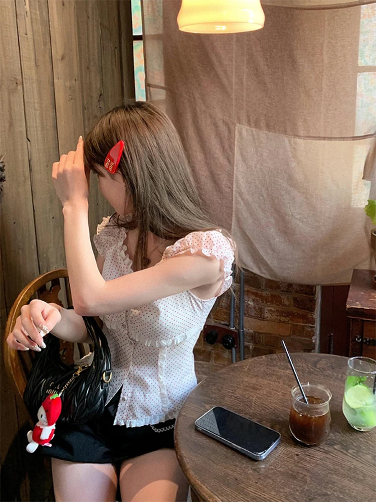 Dolce Polka Dot ort Sve irt Slim Fit ort Lunghezza Top ingombrante in vita Coreano Sle Bubble Sve Chiusura con bottoni V-Ne