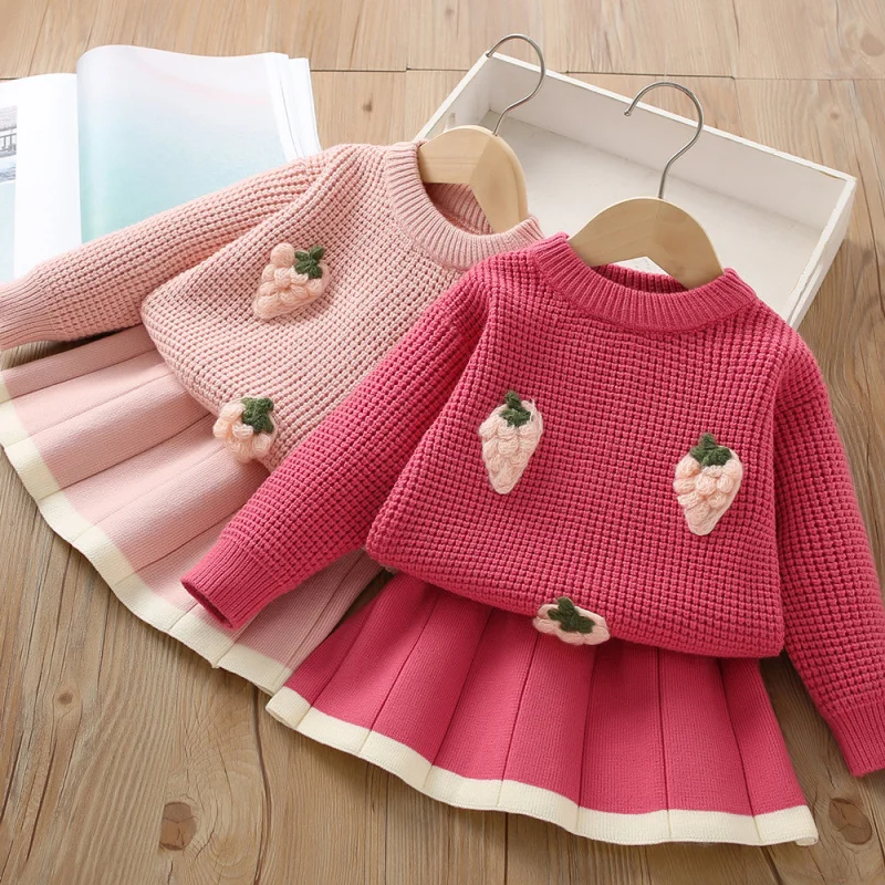 

Girls Sweater Set Autumn Winter New Fashionable Little Girl 3D Strawberry Candy Knitted Two-Piece Set
