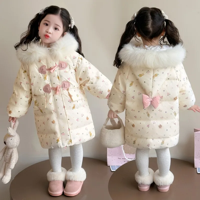 

Girls Down Jacket Winter Cartoon Print Bow Hooded Coat 90% Duck Down Thick Warm Puffer Coat Baby Children Outerwear New