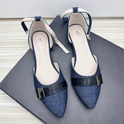 Women Flats Pointed Toe Denim Cloth Side Empty Female Sandals Navy Blue Buckle Flat Heel Summer Shoes for Girls Size 44 43 33 34