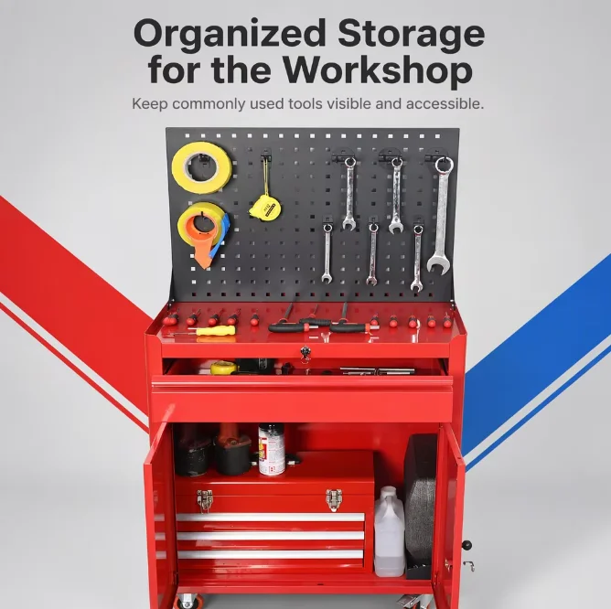a forRolling Tool Cabinet With Pegboard, Lockable Metal Tool Chest 1 Drawer Double Door Workshop Mobile Tool Storage Trolley