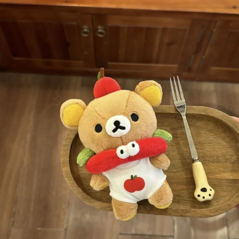 Red Apple Rilakkuma Anime Toy 10cm Cute Plush Bear Pendant With Red Apple Clothing Decoration, Interchangeable Clothes Doll