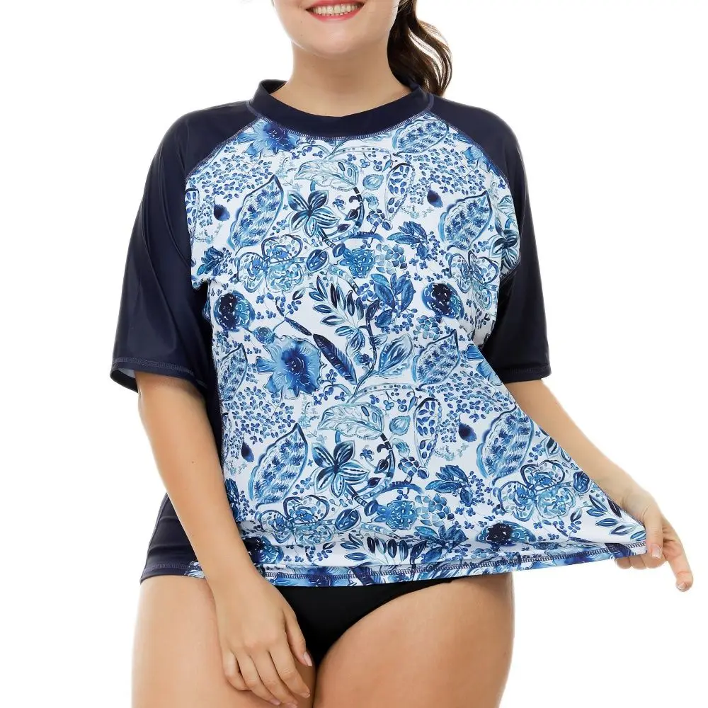 Anfilia Women Short Sleeve Rashguard Retro Floral Print Swimsuit Shirts Womens Plus Size Swimwear UPF50+ Rash Guard Beach Wear