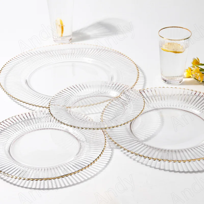 Golden Stroke Glass Plate Transparent Stripe Embossed Decorative Home Fruit Salad Plates Western Restaurant Table Top Steak Dish