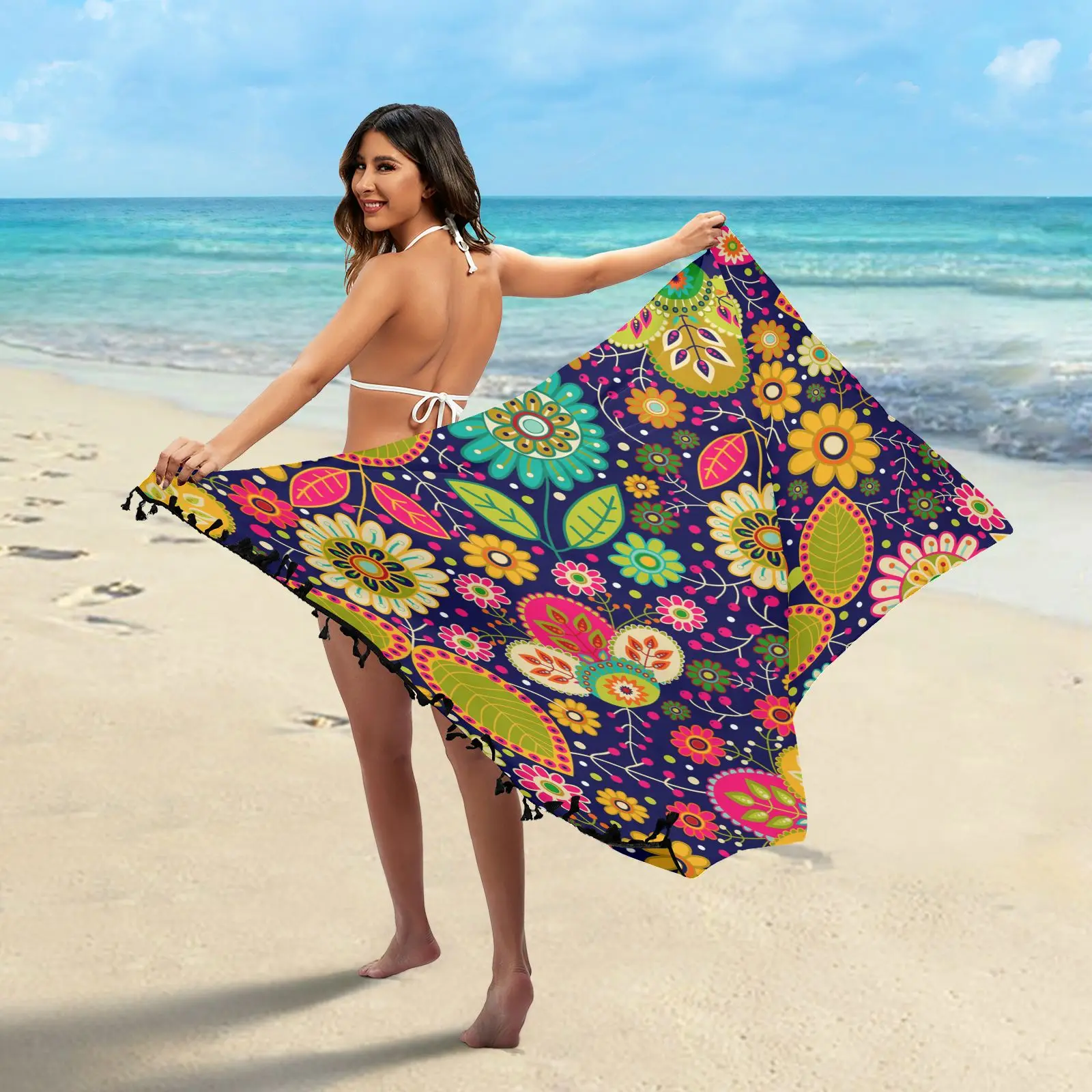 

Colorful Mandala Flowers Sarong Beach Cover Up For Women Sexy Bathing Suit Wrap Skirt With Tassels Dress Bikini Swimsuit Scarf